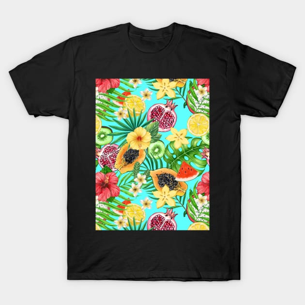 Tropical mix-fruit, flowers and leaves on blue T-Shirt by katerinamk